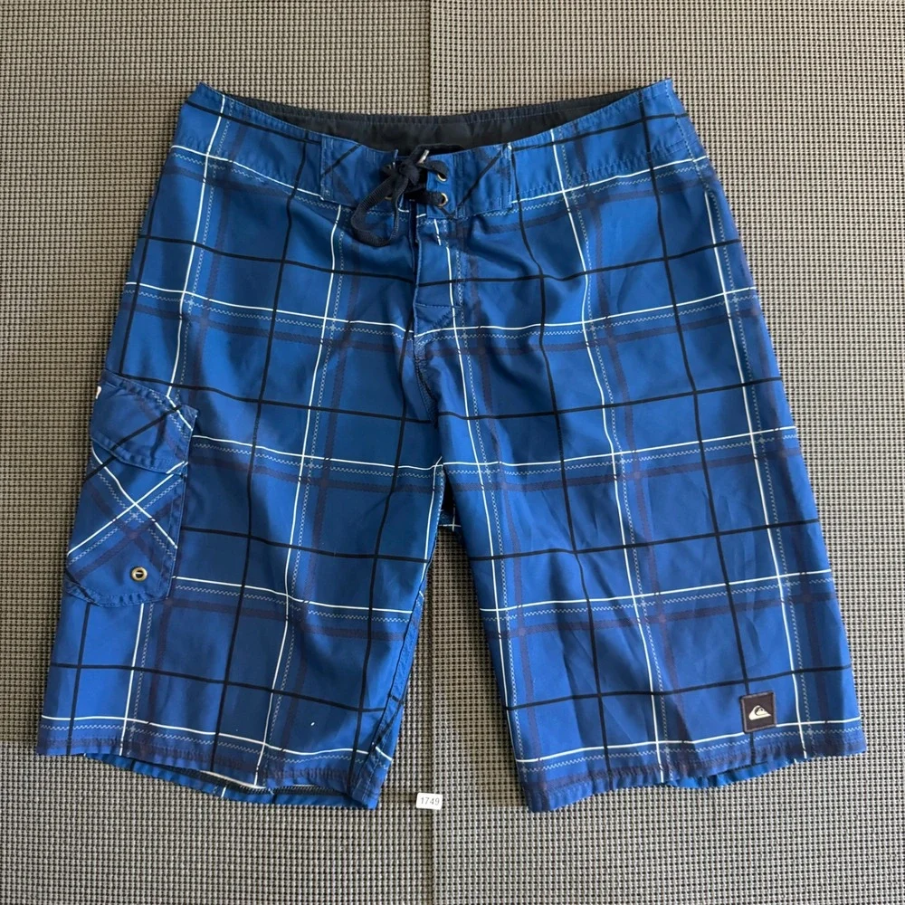 Quiksilver Mens Blue Plaid Board Shorts Swim Trunks Size 33 N101276 Cargo Pocket